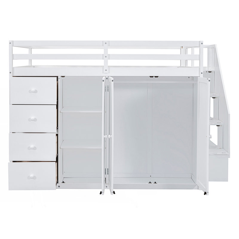 Lit mezzanine double avec armoires encastrées, armoire et tiroirs