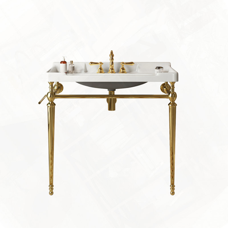 Console de salle de bain murale avec lavabo en céramique et trous de robinet pré-percés, Blanc