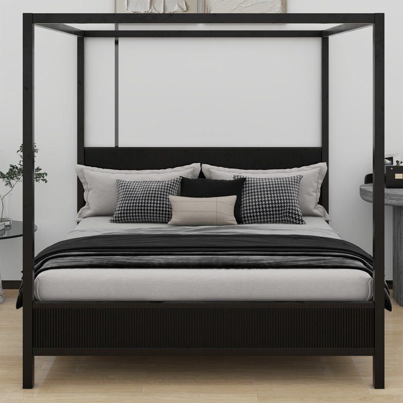 Élégant lit plateforme à baldaquin en bois avec lattes de soutien, Black, King
