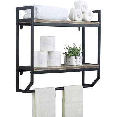 Étagères de salle de bain à 2 niveaux avec barre à serviettes, tablettes murales flottantes rustiques de 24 po, noir