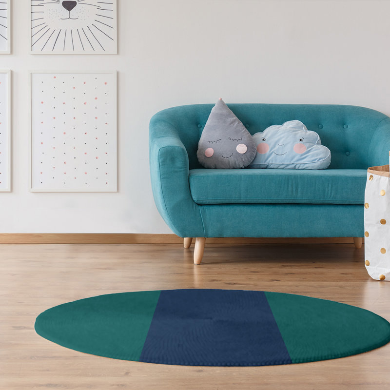 Tapis vert/bleu marine tissé à plat Seattle, Rond 5 pi