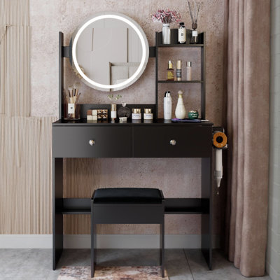 Table de meuble-lavabo ronde à DEL 17 po avec tabouret rembourré