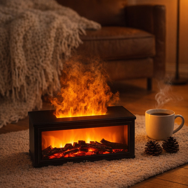 Humidificateur de flamme et diffuseur d'arôme 7 couleurs, Noir