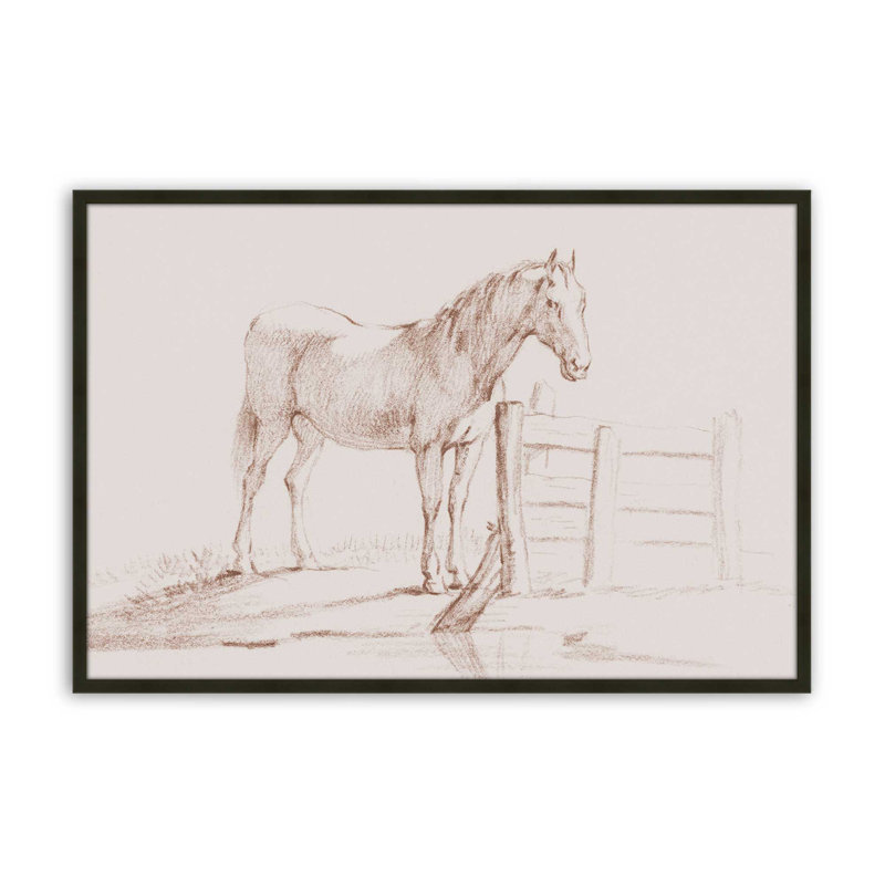 Cheval debout à une clôture par Jean Bernard, reproduction d'art, H 30 po x l 40 po, Noir