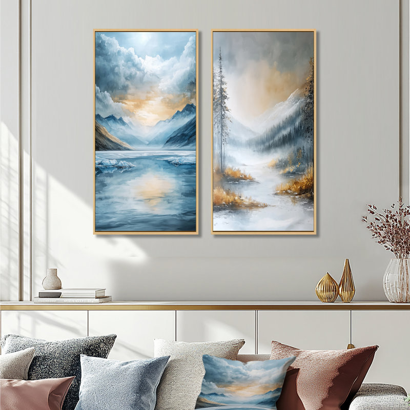 Parallel Peaks Of Abstract Mountain Landscape I - Collection d'art mural abstrait 2 pièces, Cadre crème crème