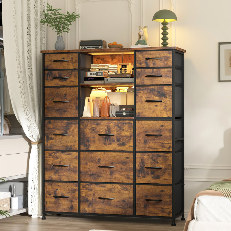 51"H - Fabric Drawers Tall Dresser With 2 Open Shelves,  Bedroom Dressers With Charging Station & Led Lights, Brown