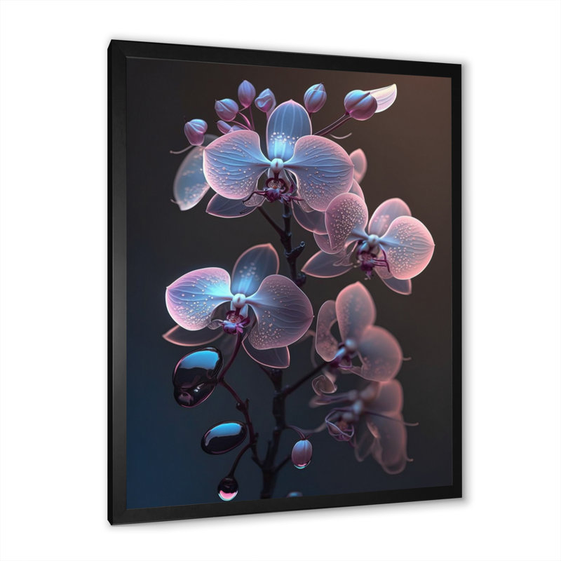 Orchidée blanche lumineuse avec lueur mauve III - reproduction sur toile, Toile avec cadre photo noir, L 30 po x H 40 po