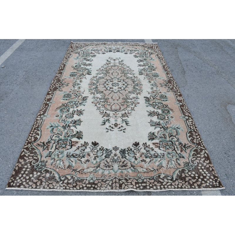 Tapis Oushak turc fait à la main - tapis antique rétro pour le salon ou décor boho bleu / rose