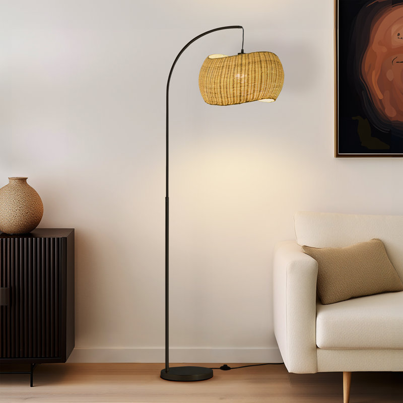Wave Pendant 81 in. Arched LED Floor Lamp with Wicker Rattan Shade, Boho Style, Bulb Included