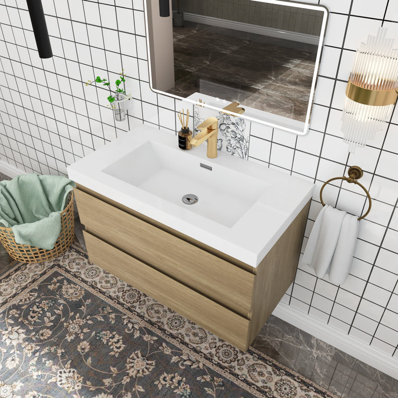 Ensemble de meuble-lavabo simple 36 po avec plateau en résine Tillio, Chêne naturel