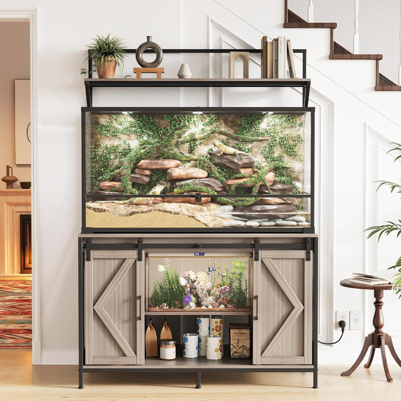 Support pour aquarium et réservoir de reptile 120 gallons - plateau de table 48 po x 24 po, prise de courant, portes coulissantes, rangement spacieux, panneau de fibres à densité moyenne durable, compatible avec les terrariums de dragon barbu et de tortue - gris