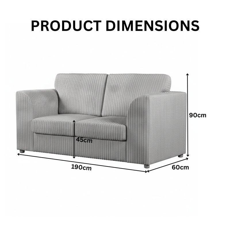 Corduroy Sofa, 90cm H x 190cm W x 90cm D, Silver