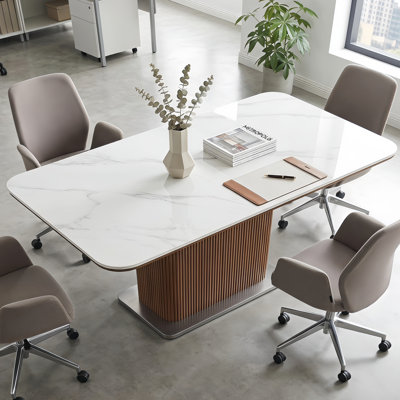 Table de réunion rectangulaire moderne en pierre frittée de 62,99 po avec base cannelée en bois massif et pieds en acier inoxydable pour 4 à 6