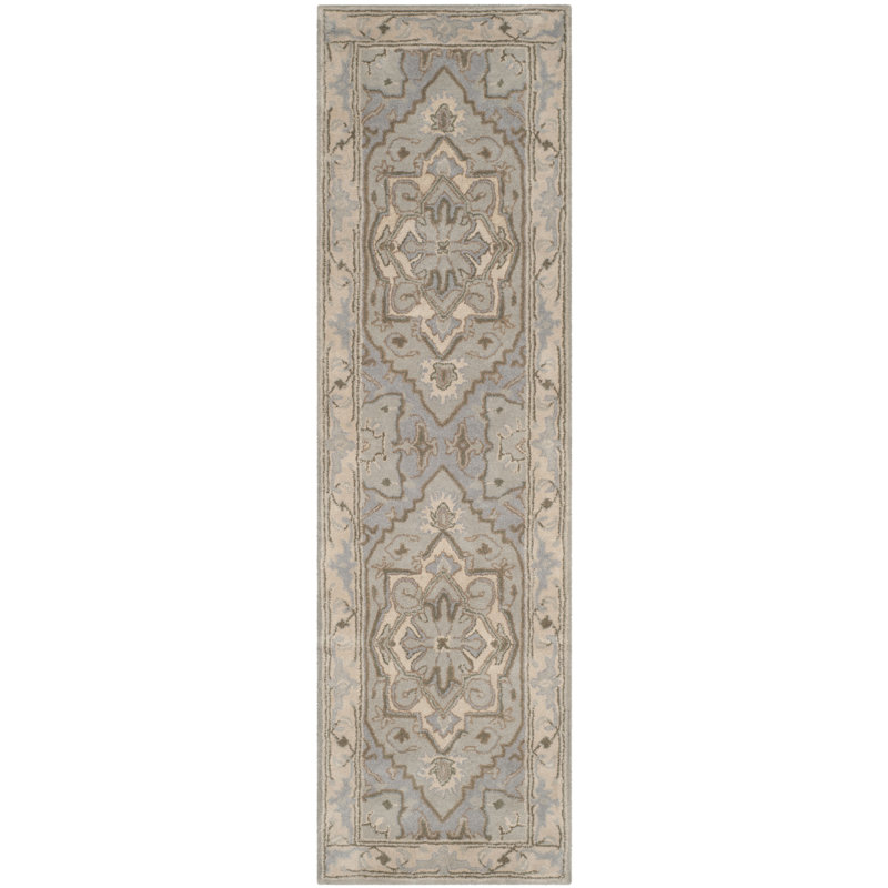 Tapis beige / gris en laine touffeté à la main Anotida, Tapis de couloir 2 pi 3 po x 8 pi