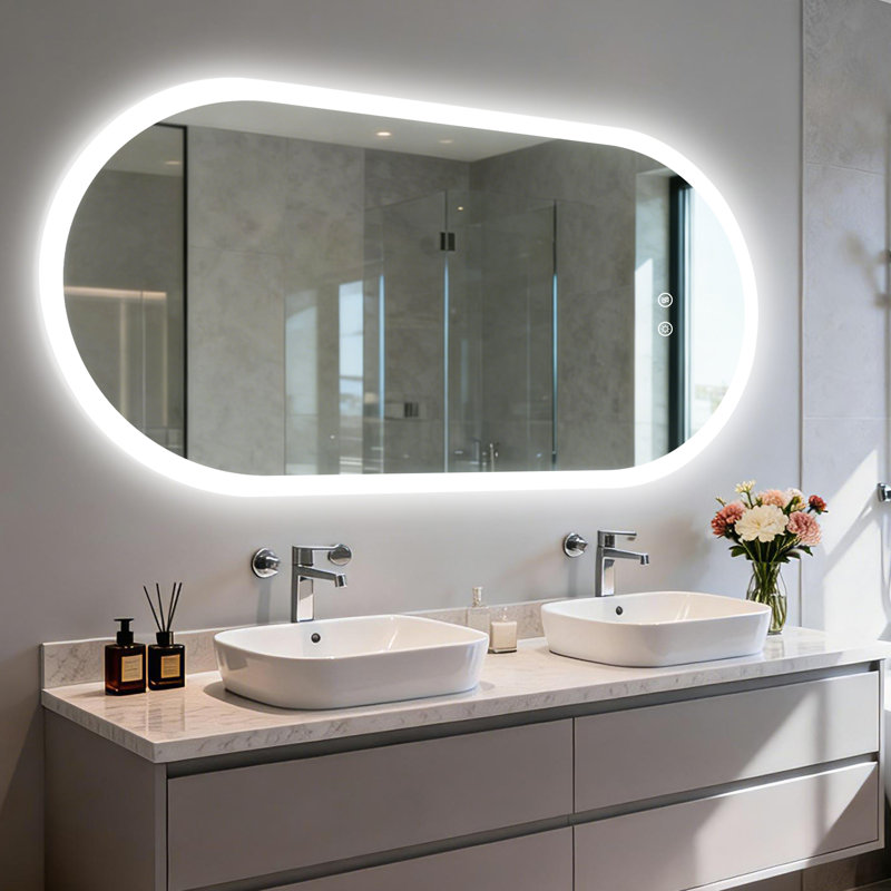 Miroir de salle de bain mural ovale 3 tailles à DEL avec anti-buée et à intensité variable, 47,5 po x 24 po