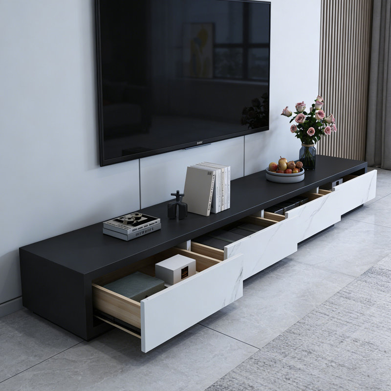 Meuble télé 4 tiroirs Minimalisme, White/Black/Light Grey, 15.74"H x 86.61"L x 15.74"W