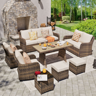  Ensemble de 8 meubles de patio avec chaises berçantes pivotantes, ensemble de conversation avec table de salle à manger et ensemble de salle à manger avec coussins imperméables pour le porche de la cour arrière (brun)