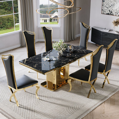 Rectangle Dining Table Set With Luxury Faux Leather Dining Chairs