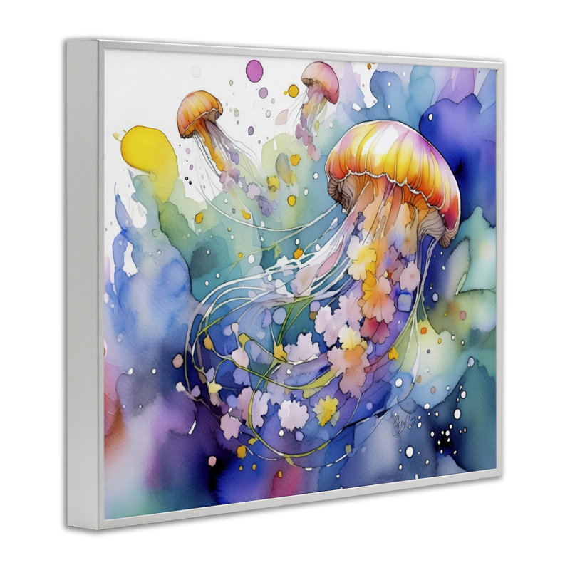 Estampe numérique méduse néon sous-marine, design par Shelly Craig, Encadrement giclée blanc côtier, H 16 po x l 20 po