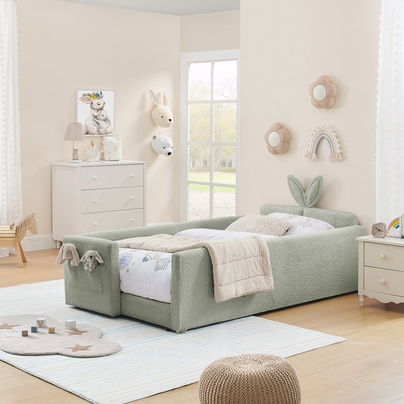 Twin Size Upholstered Platform Bed, Cyan