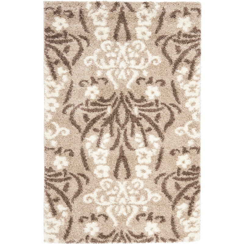 Beige and Cream Floral Shag Rug, 3'-3" x 5'-3"