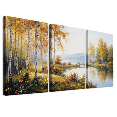 Ensemble de 3 toiles murales représentant des bouleaux dorés en automne au bord d'un lac