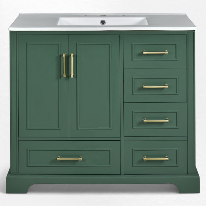 36" Single Bathroom Vanity With Ceramic Sink, Green, Gold