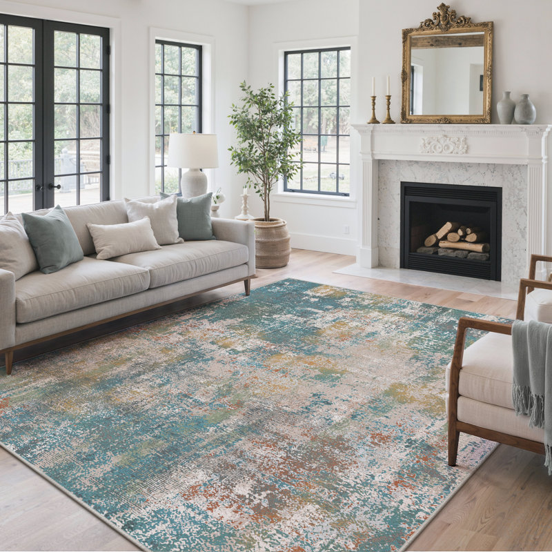 Tapis bleu sarcelle / beige Pavelina , Teal, Rectangulaire 8 pi x 10 pi