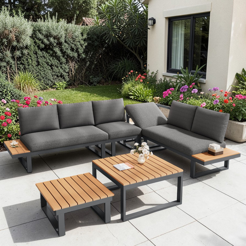 Rynley 252cm Wide L-Shaped Patio Sectional Set, Grey Cushion/Black Frame