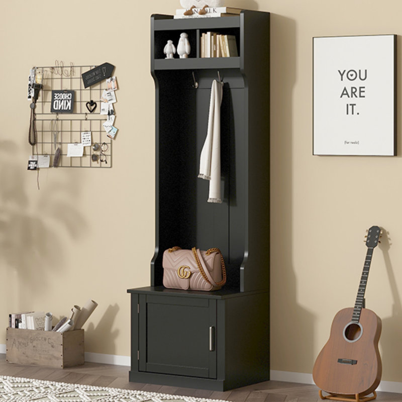 Arbre d'entrée minimaliste avec armoire et 6 crochets, banc de rangement multifonctionnel pour petits espaces, Noir