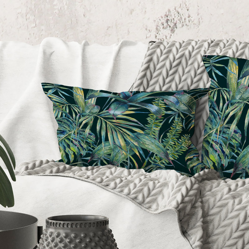 Coussin décoratif rectangulaire à motif de feuilles naturelles exotiques sur fond foncé I