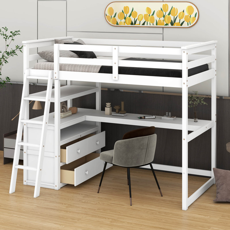 Lit mezzanine simple avec bureau en L, structure de lit mezzanine en bois avec tablettes et 2 tiroirs intégrés, Blanc