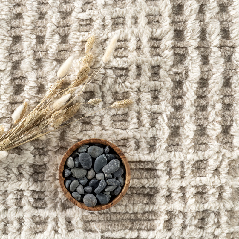 Beige Crosshatch Tufted Shag Wool 4' x 6' Rug