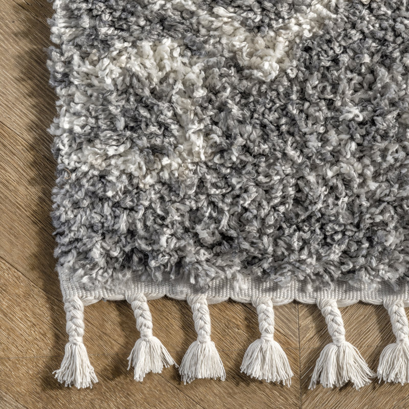 Tapis à poil long à motif marocain pour le salon, la chambre à coucher, la salle à manger, la chambre de bébé Candler, gris / ivoire