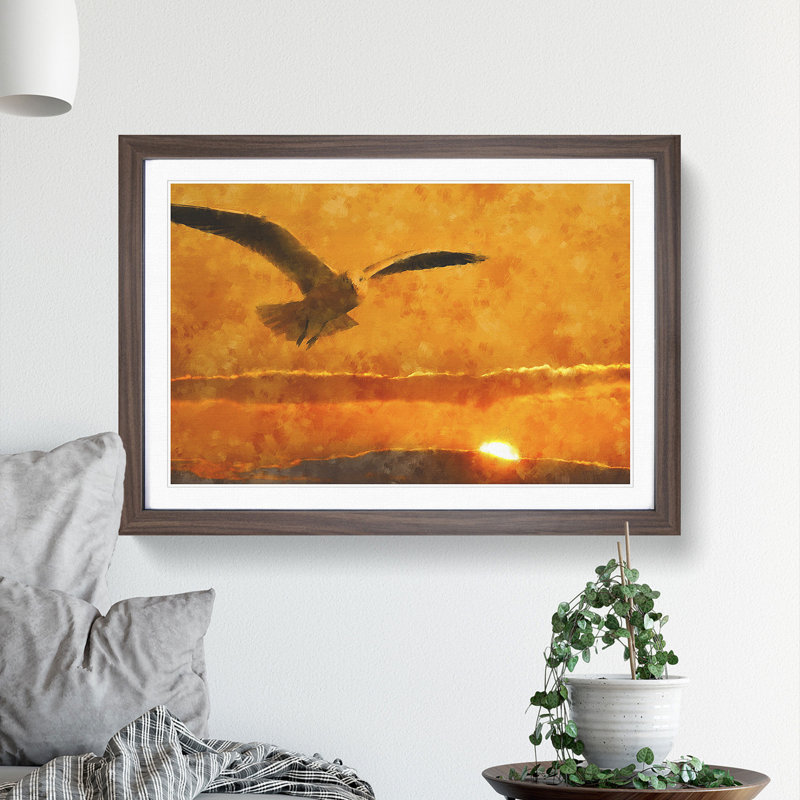 Seagull and Orange Sunset - Picture Frame Graphic Art, 36cm H x 48cm W x 2cm D, Walnut Framed