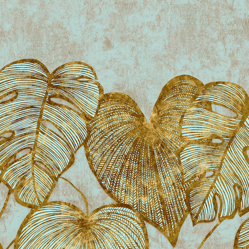 Thaler Large Monstera Leaf and Plain Twinwall 4-panel Mural Design 3m x 280cm, Light Blue/Bronze