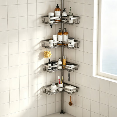  Serviteur de douche à poteau de tension réglable, organisateur de coin de salle de bain à 4 niveaux sans installation de perçage, support de rangement de salle de bain imperméable, gris