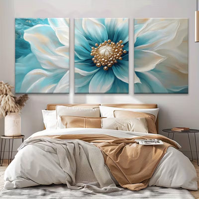 Modern Teal Floral 3-Piece Set Wall Art Giclée Print 12" H x 24" W - Living Room Decor