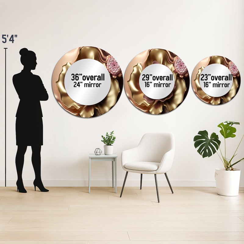 Retro Vintage Abstract Pink And Gold Flowers I - Floral Decorative Wall Mirror, Pink Round Mirror, Printed Metal Art
