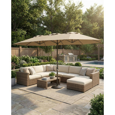 Parasol de patio 13 pi avec double auvent, poteau en aluminium robuste et nervures en fibre de verre, parasol de marché à protection UV pour jardin, terrasse, bord de piscine, brun