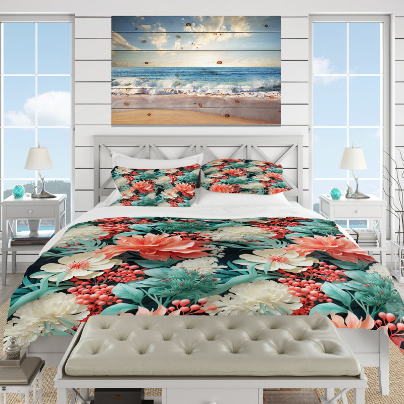 Coral Serenade Tropical Pattern I - Ensemble de housse de couette tropical, Housse de couette pour très grand lit et 2 très