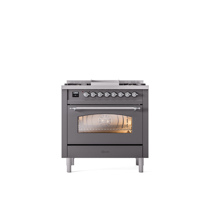 ILVE Nostalgie II Series 36 inch Dual Fuel Range with 6 Burners, Griddle (Glass Door), Graphite Matte/Chrome, Liquid Propane