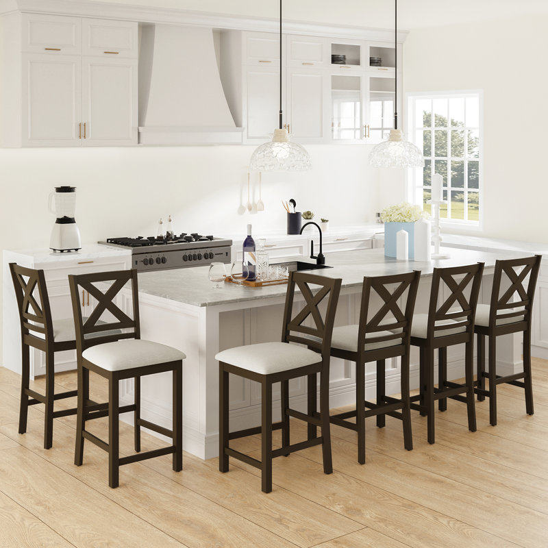 Tabouret de bar rembourré de 26 po en bois massif, Beige, Marron clair