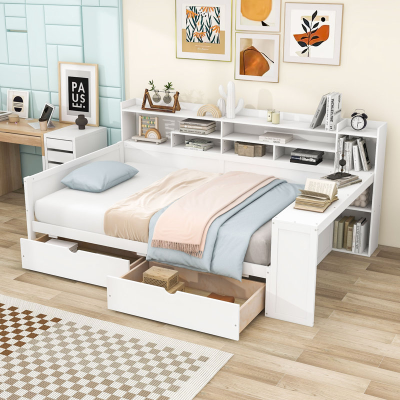 Lit de jour multifonctionnel en bois avec bureau intégré, tablettes de rangement latérales et tiroirs, Lit double