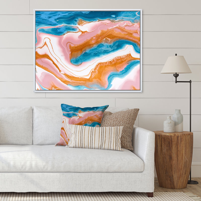 Orange orange bleu et rivières en marbre blanc - peinture sur toile, H 24 po x l 32 po, Cadre flottant blanc