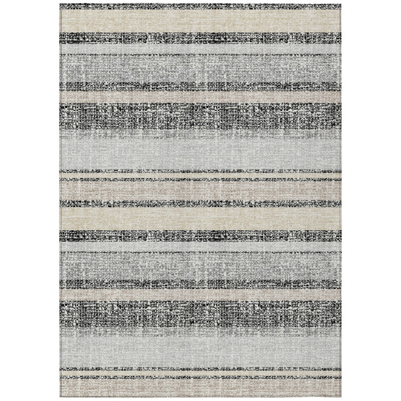 5' X 8' Black And Silver Striped Washable Indoor Outdoor Area Rug, Rectangle 5' X 8'