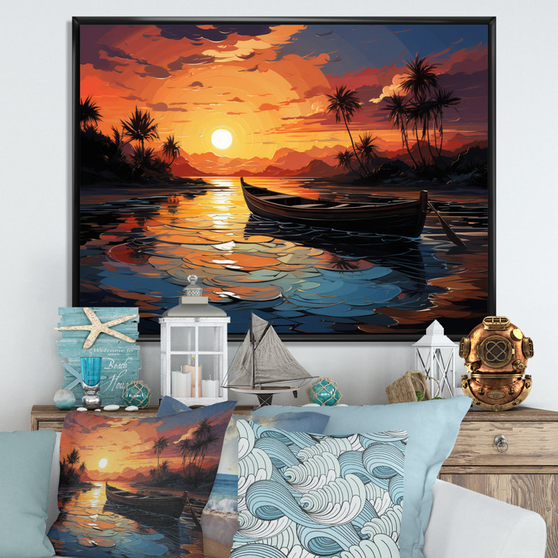«Coastaltropical Boat At Dusk II», reproduction d'art sur toile encadrée, H 12 po x l 20 po x P 1 po, Cadre flottant noir