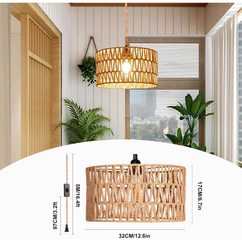 Natural Rattan and Metal Plug-In Pendant Light with Cylindrical Shade