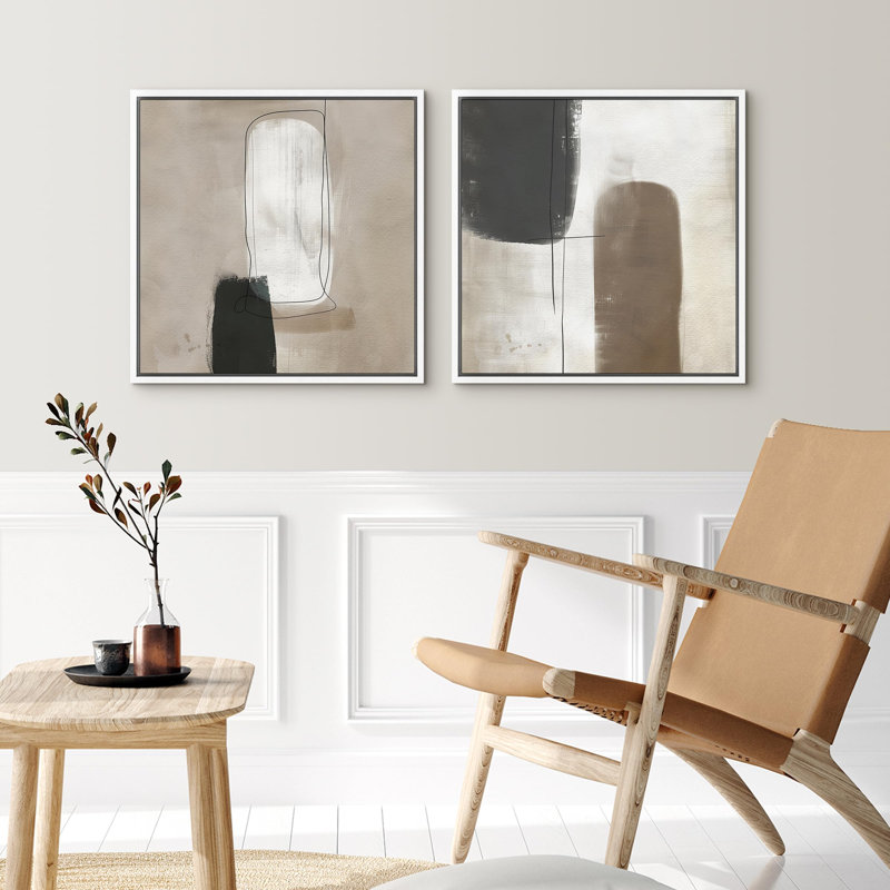 "Art contemporain nordique brun moderne abstrait" - 2 pièces, H 16" x l 16", Cadre flottant blanc