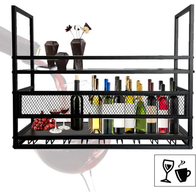 Ceiling Wine Glass Rack, 2-Tier Wooden Hanging Wine Rack, Industrial Black Metal Hanging Wine Storage Holder, With Glass Holder For Restaurant, Bar (B by Everly Quinn